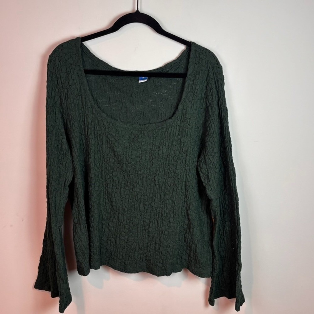 Old‎ Navy Textured Lace Scoop Neck Green Floral Tee Flared Sleeve Womens 2X Boho